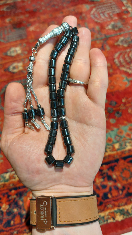 تسبیح حدید ۳۳دانه تراش استوانه ای(هماتیت) اصل سرتسبیح استیل رنگ ثابت کلکسیونی کد۱۹۵